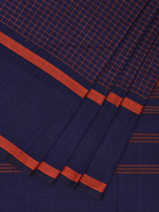 Dark Blue Kanchipuram Cotton Saree with Checks and Strips Pallu Design k0718