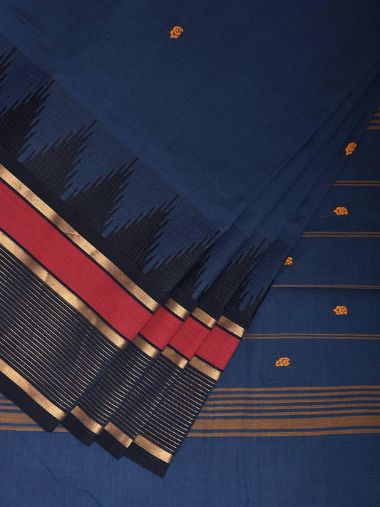 Dark Blue Kanchipuram Cotton Saree with Ganga-Jamuna Temple Border Design k0808