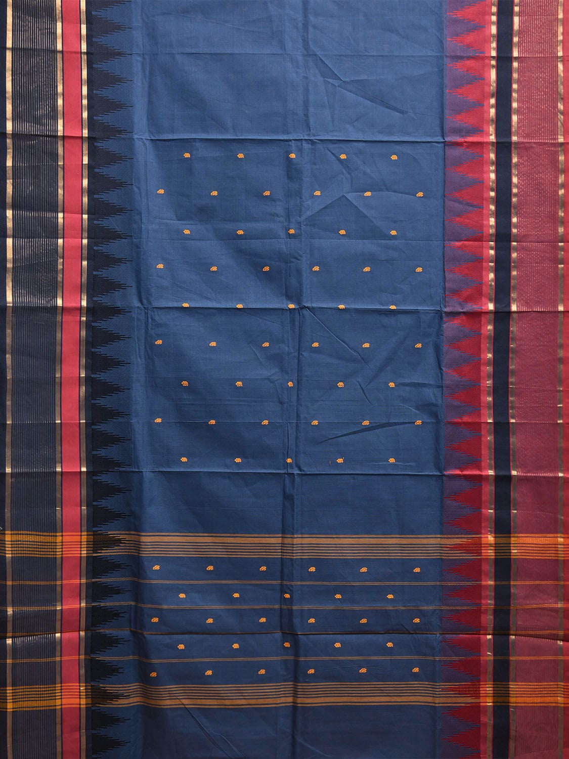 Dark Blue Kanchipuram Cotton Saree with Ganga-Jamuna Temple Border Design k0808