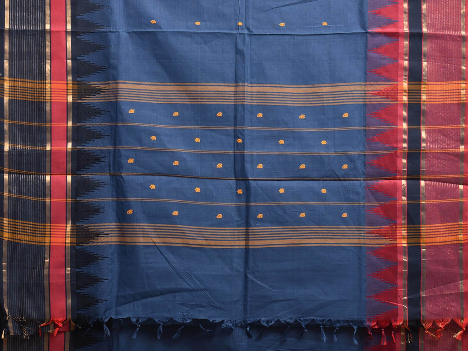Dark Blue Kanchipuram Cotton Saree with Ganga-Jamuna Temple Border Design k0808