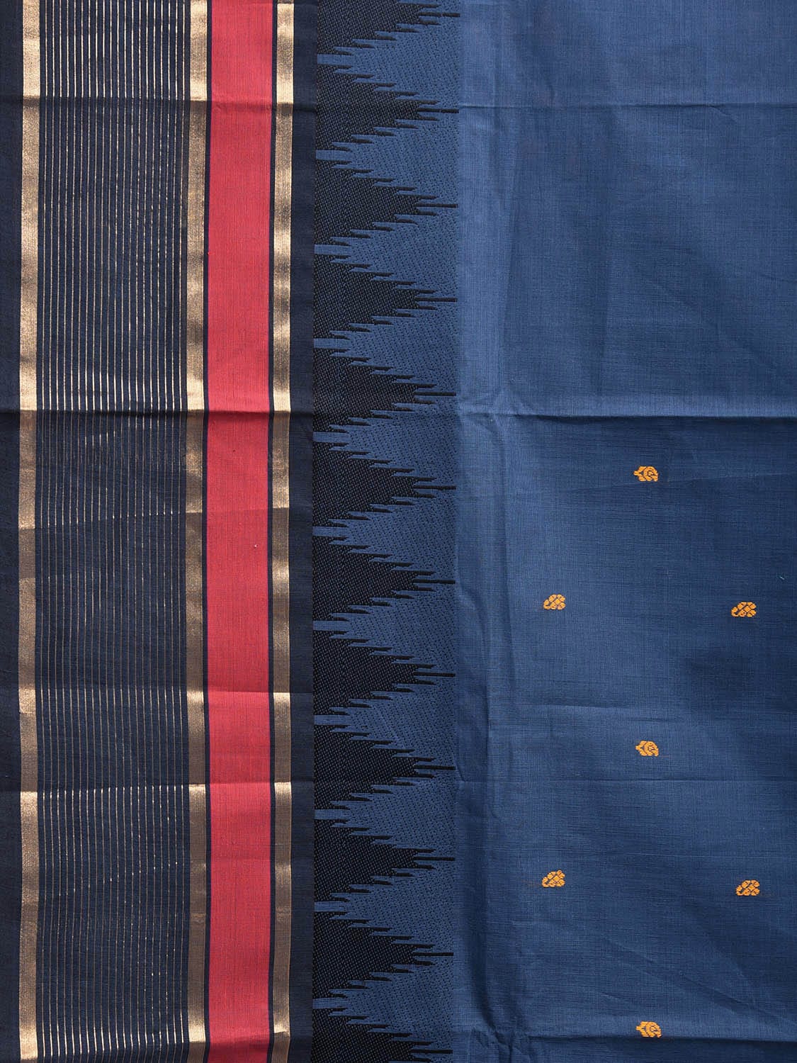 Dark Blue Kanchipuram Cotton Saree with Ganga-Jamuna Temple Border Design k0808