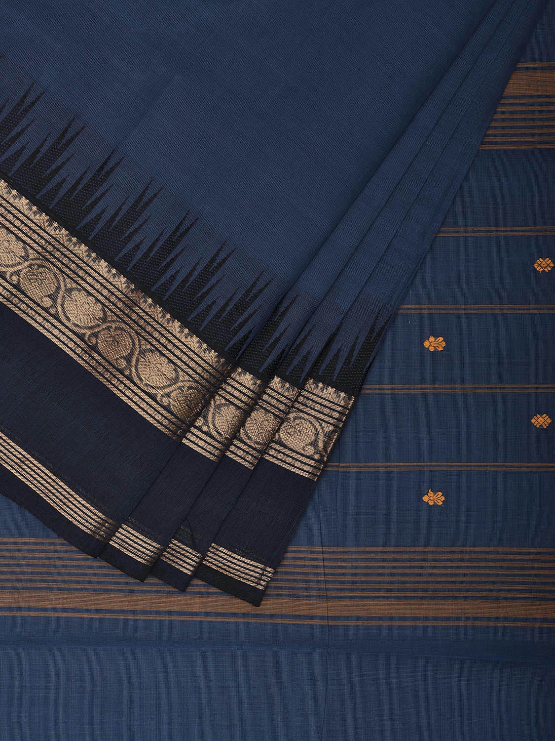 Dark Blue Kanchipuram Cotton Saree with Temple Border and Strips Pallu Design k0768