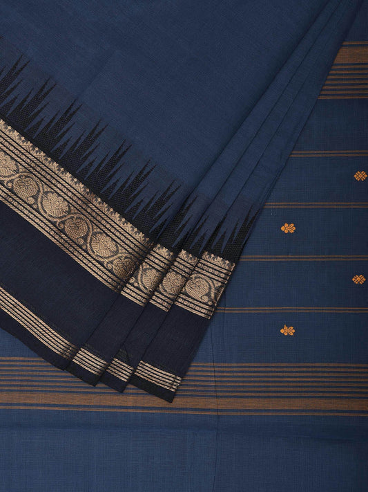 Dark Blue Kanchipuram Cotton Saree with Temple Border and Strips Pallu Design k0768