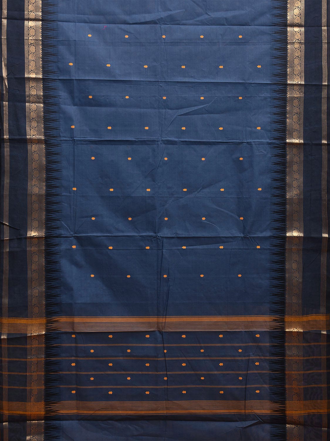 Dark Blue Kanchipuram Cotton Saree with Temple Border and Strips Pallu Design k0768