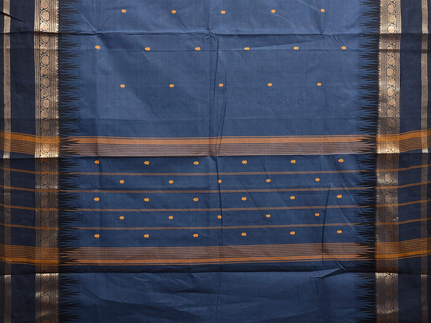 Dark Blue Kanchipuram Cotton Saree with Temple Border and Strips Pallu Design k0768