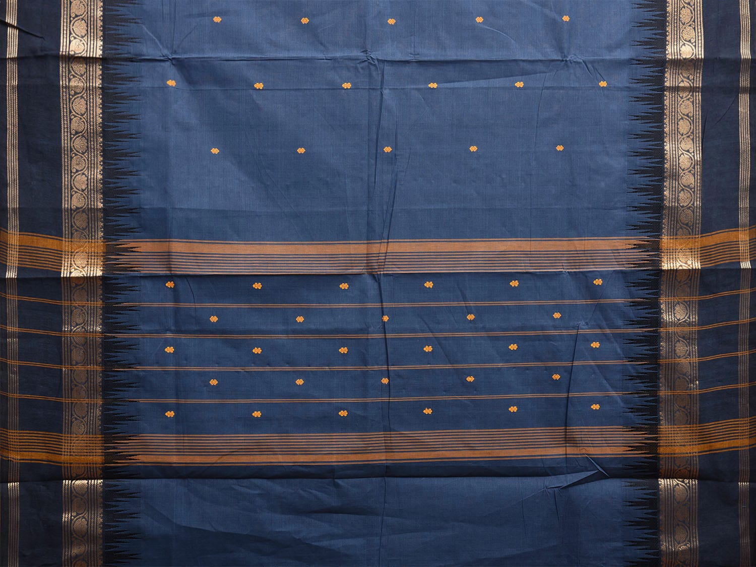 Dark Blue Kanchipuram Cotton Saree with Temple Border and Strips Pallu Design k0768