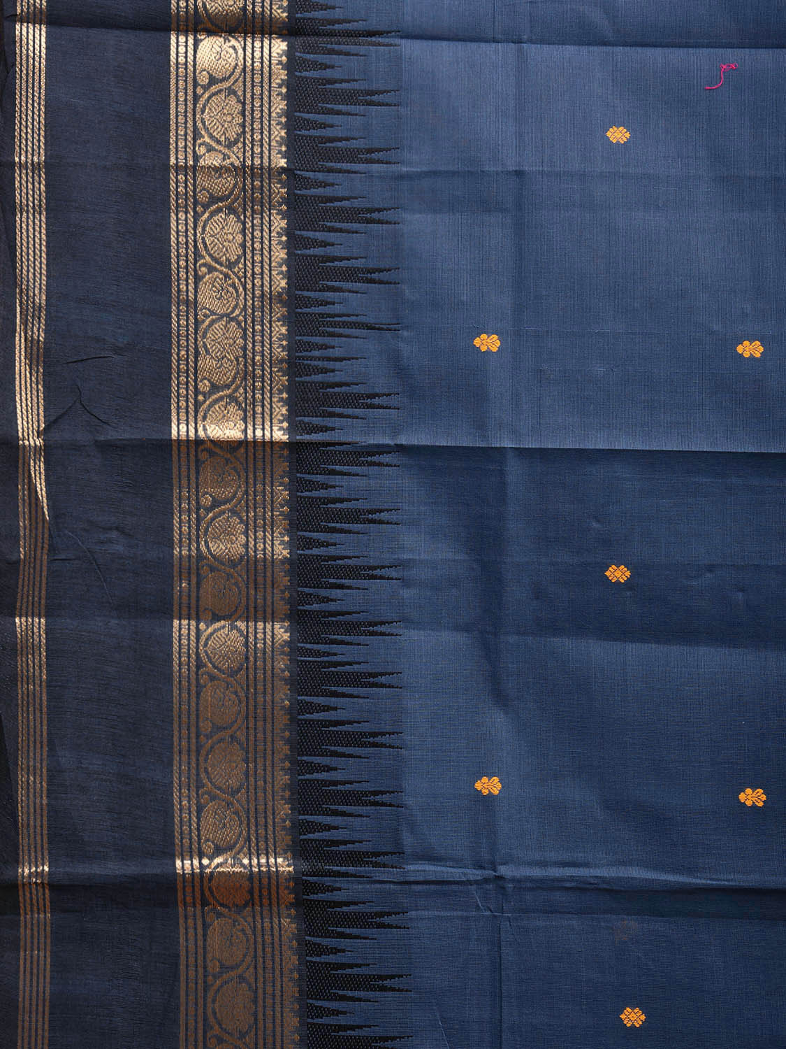 Dark Blue Kanchipuram Cotton Saree with Temple Border and Strips Pallu Design k0768