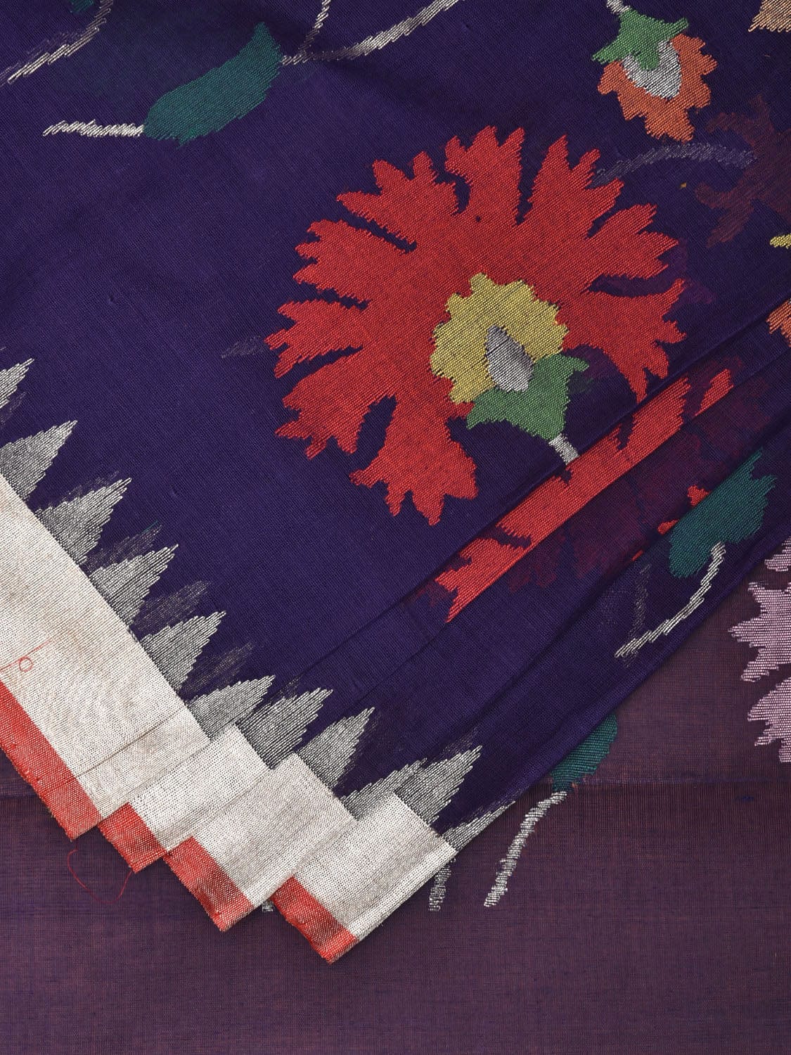 Dark Blue Khadi Cotton Handloom Saree with All Over Floral Design kh0677