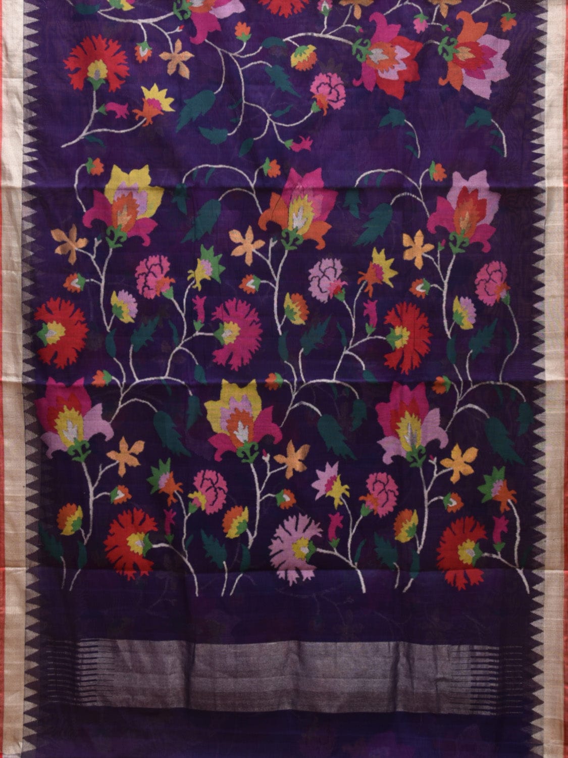 Dark Blue Khadi Cotton Handloom Saree with All Over Floral Design kh0677