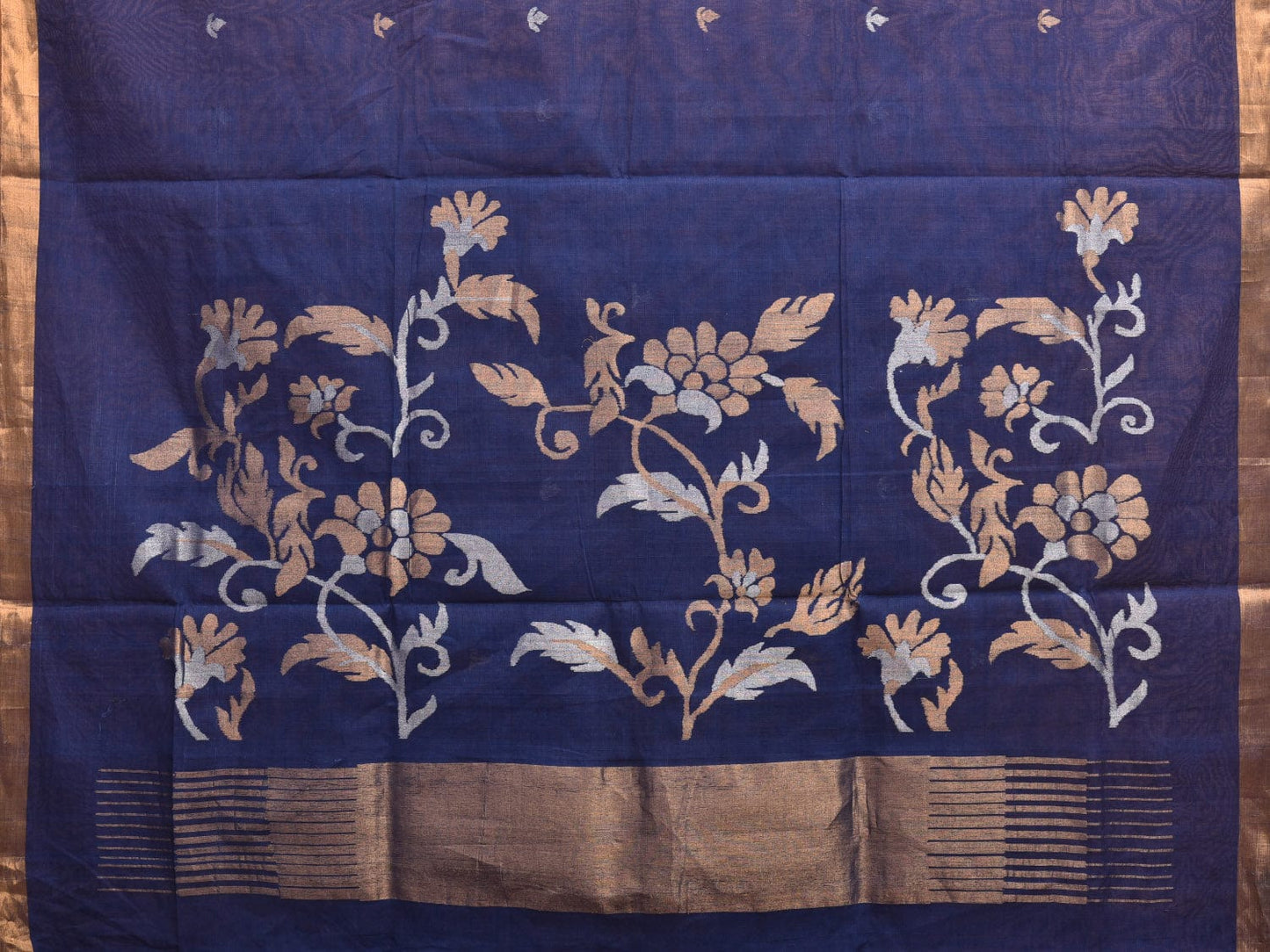 Dark Blue Khadi Cotton Handloom Saree with Floral Pallu Design kh0668