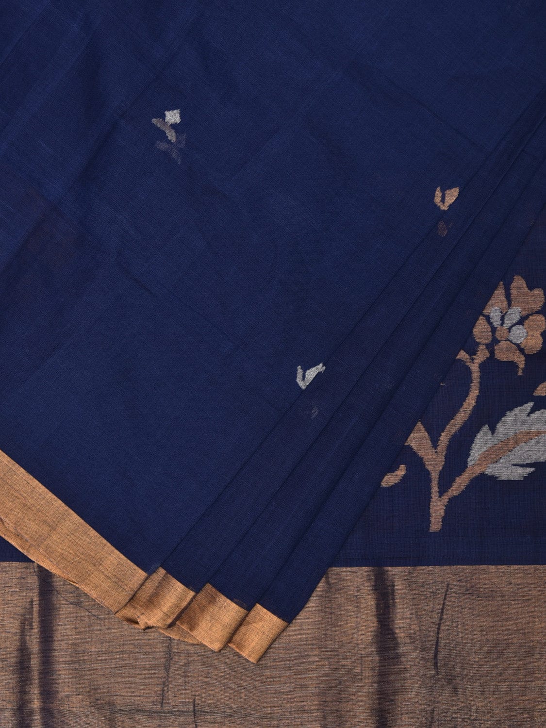 Dark Blue Khadi Cotton Handloom Saree with Floral Pallu Design kh0668