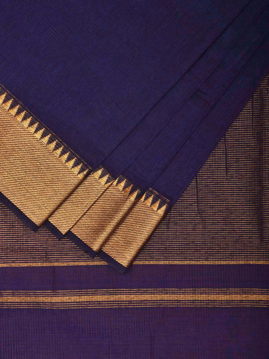 Dark Blue Mangalgiri Cotton Handloom Saree with Strips and Zari Border Design No Blouse mn0083