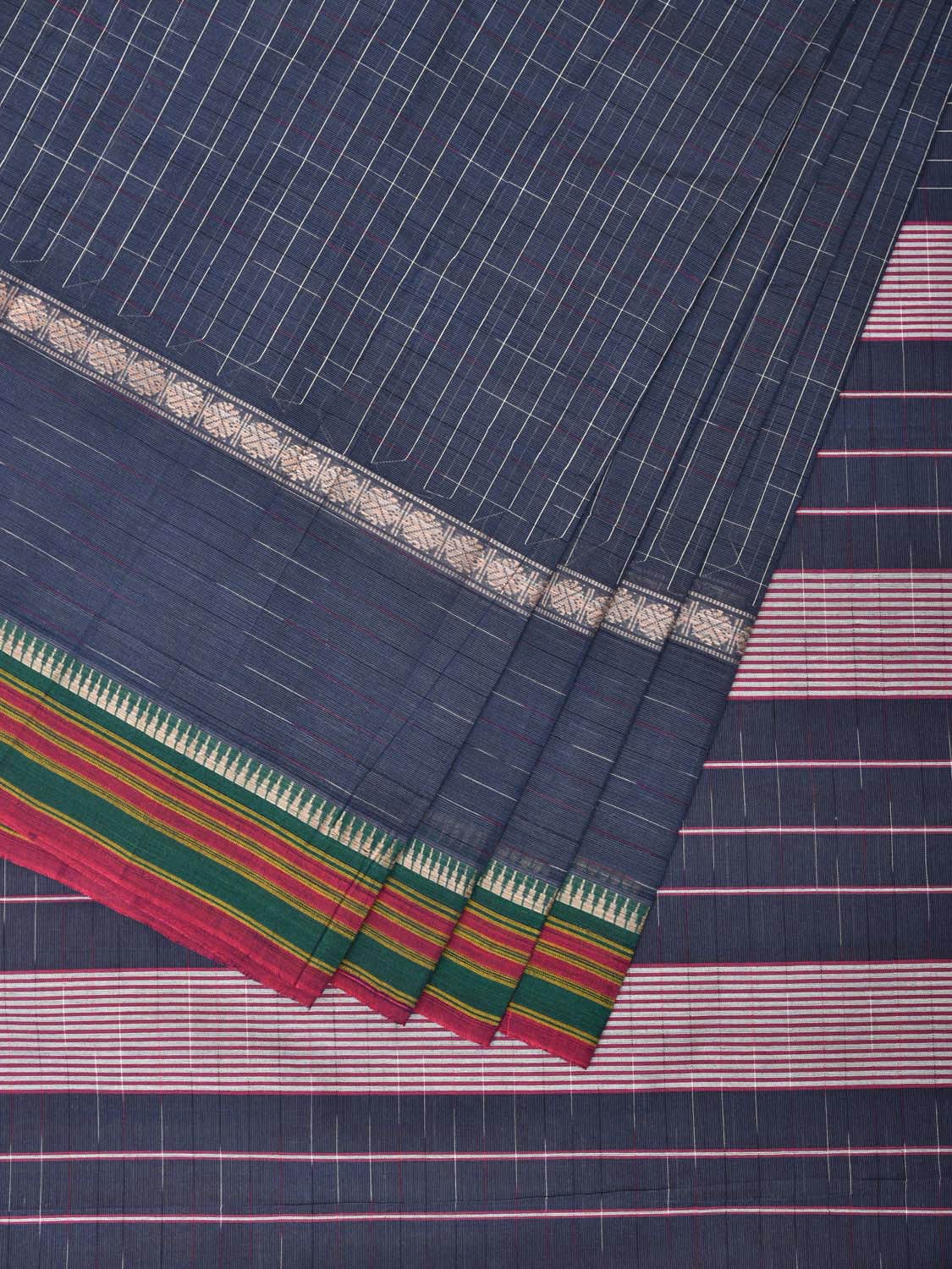 Dark Blue Narayanpet Cotton Handloom Saree with Check Design No Blouse np0711