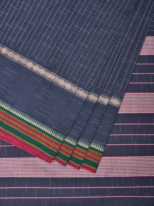 Dark Blue Narayanpet Cotton Handloom Saree with Check Design No Blouse np0711
