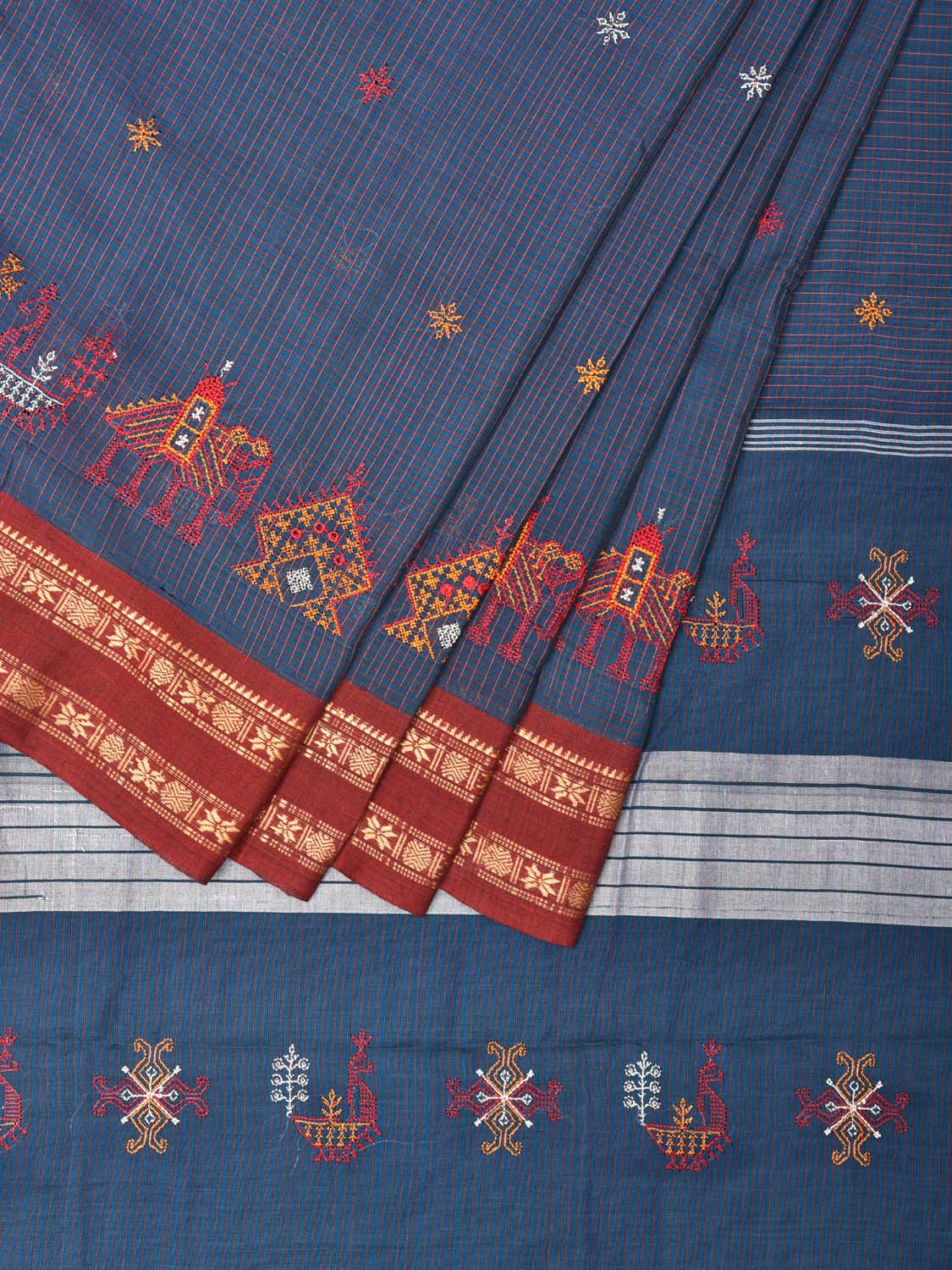 Dark Blue Narayanpet Cotton Handloom Saree with Kasuti Work Design o0402