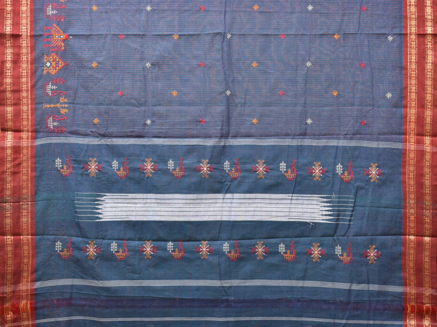 Dark Blue Narayanpet Cotton Handloom Saree with Kasuti Work Design o0402