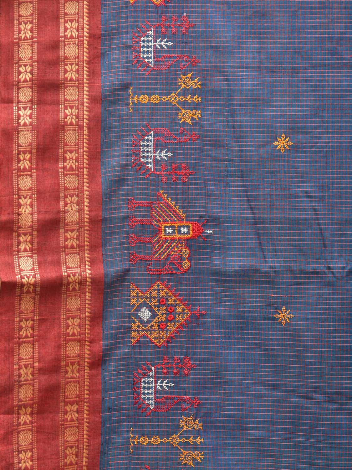 Dark Blue Narayanpet Cotton Handloom Saree with Kasuti Work Design o0402