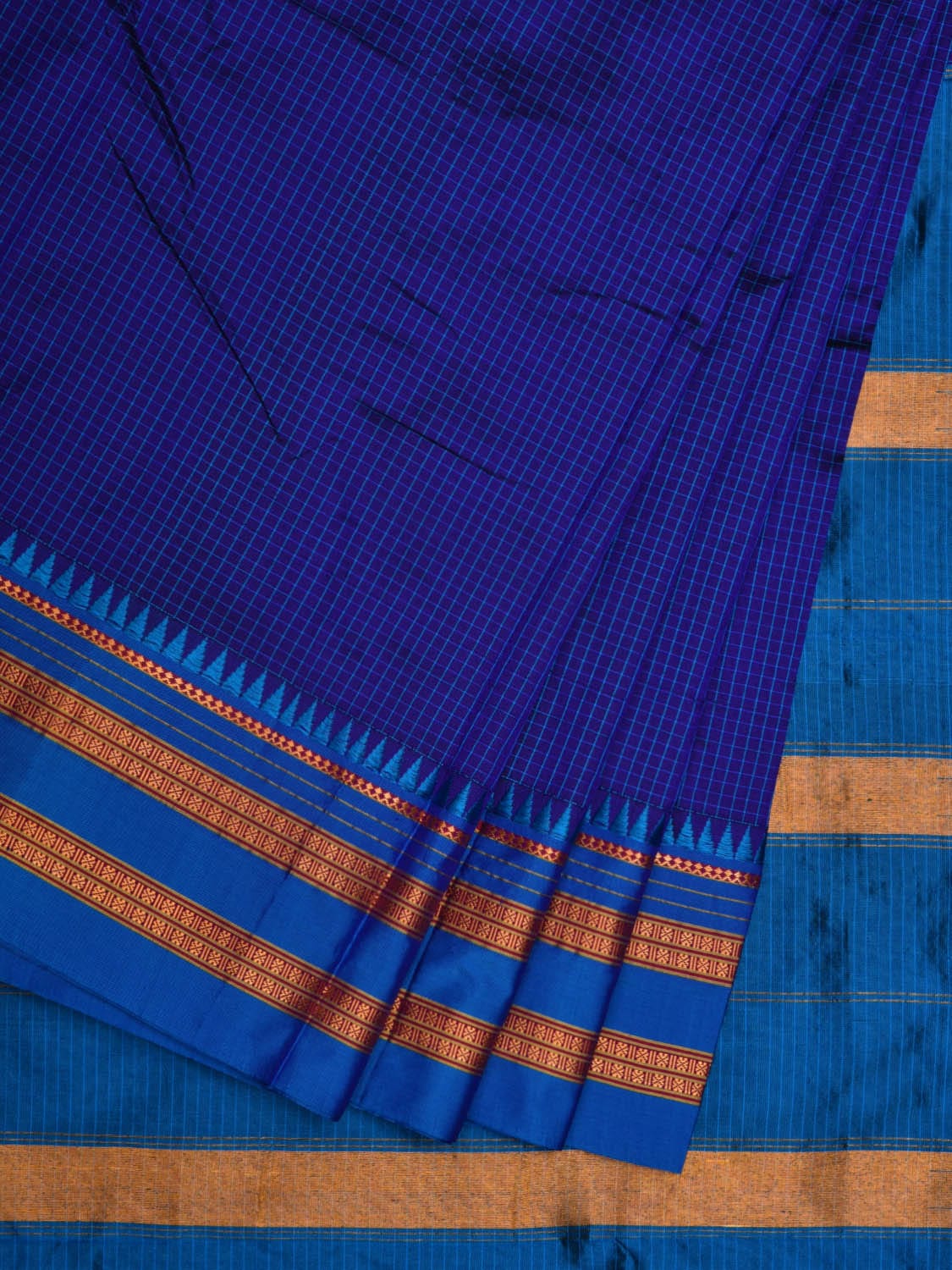 Dark Blue Narayanpet Cotton Silk Handloom Saree with Checks Design No Blouse np0593