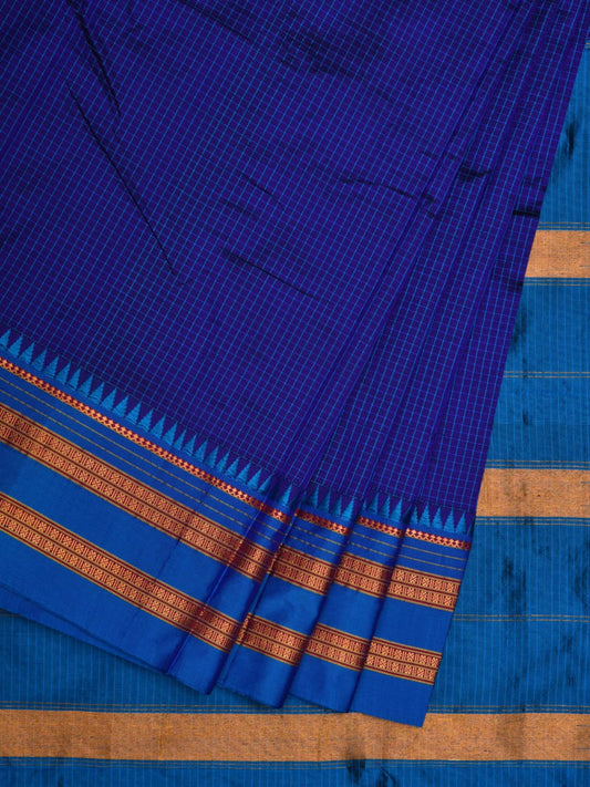 Dark Blue Narayanpet Cotton Silk Handloom Saree with Checks Design No Blouse np0593