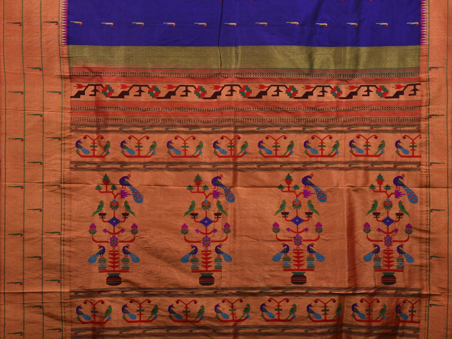 Dark Blue Paithani Silk Handloom Saree with Pallu and Triple Muniya Border Design p0477