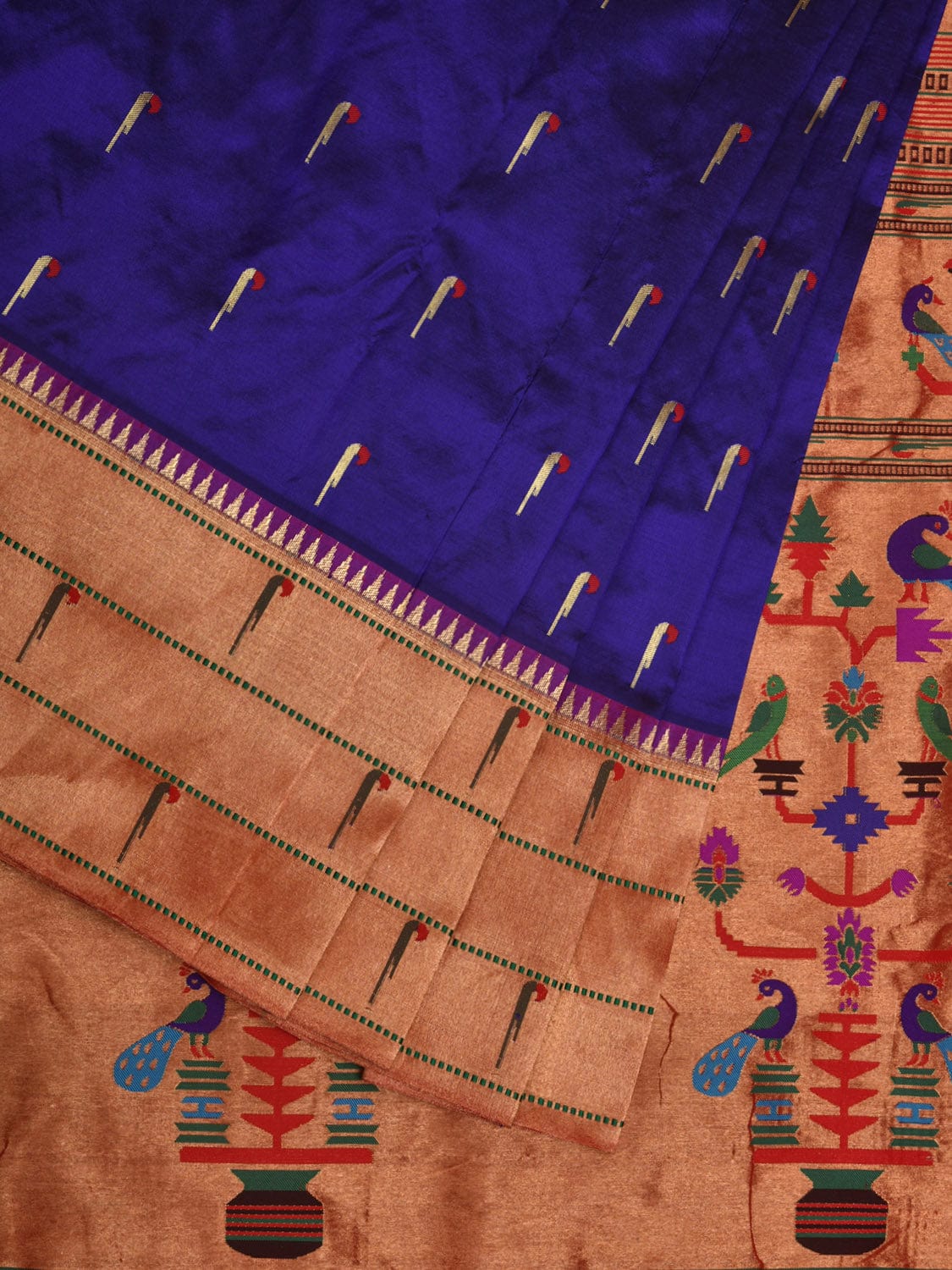 Dark Blue Paithani Silk Handloom Saree with Pallu and Triple Muniya Border Design p0477