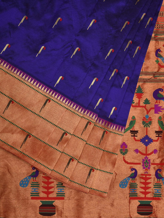 Dark Blue Paithani Silk Handloom Saree with Pallu and Triple Muniya Border Design p0477