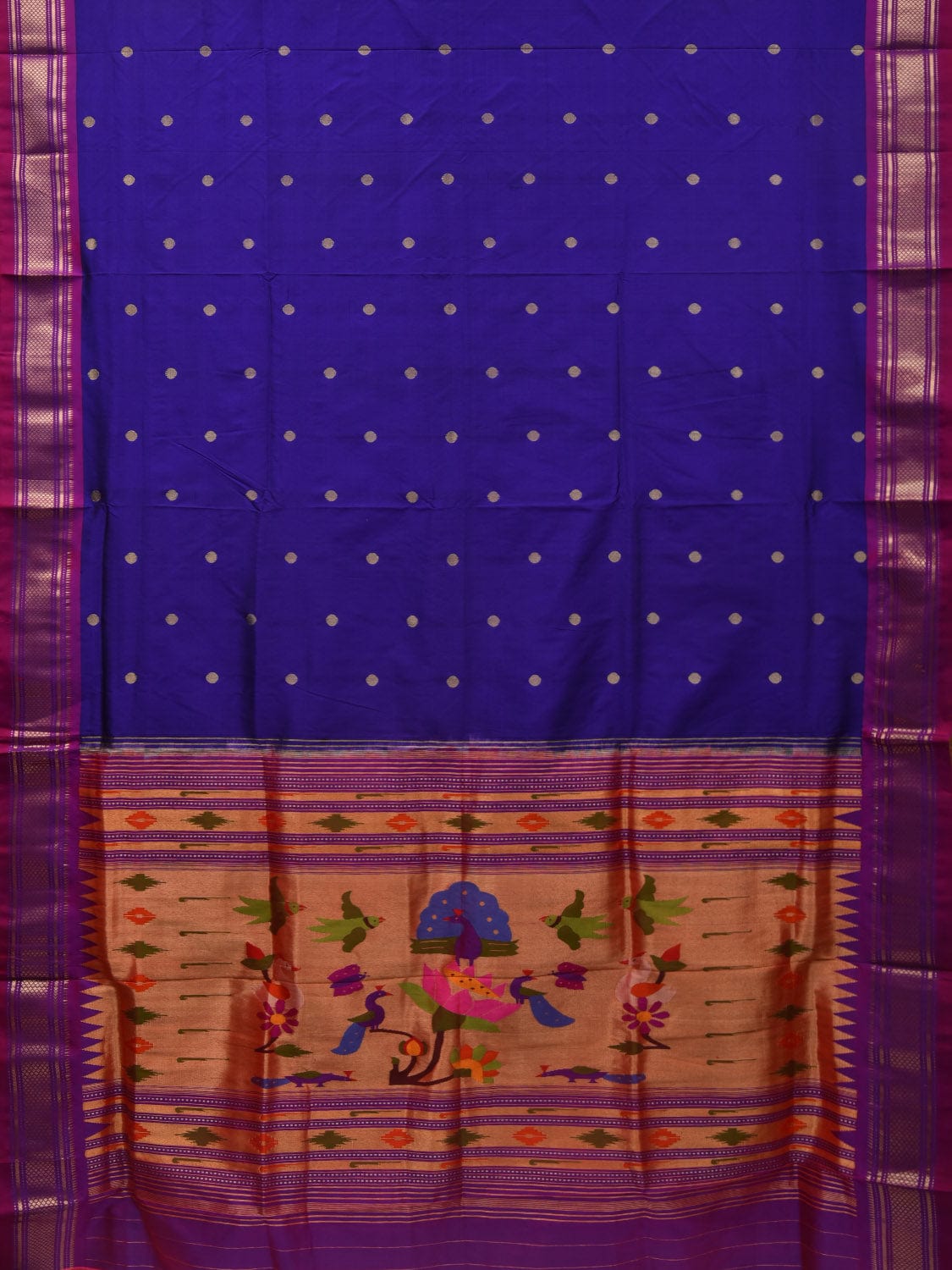 Dark Blue Paithani Silk Handloom Saree with Peacocks and Parrots Pallu Design p0462