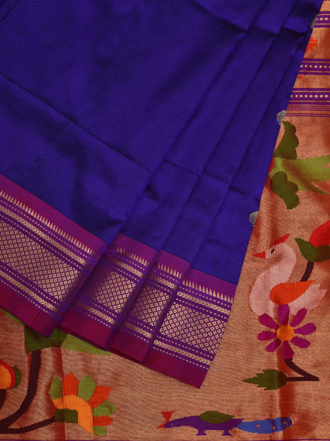 Dark Blue Paithani Silk Handloom Saree with Peacocks and Parrots Pallu Design p0462