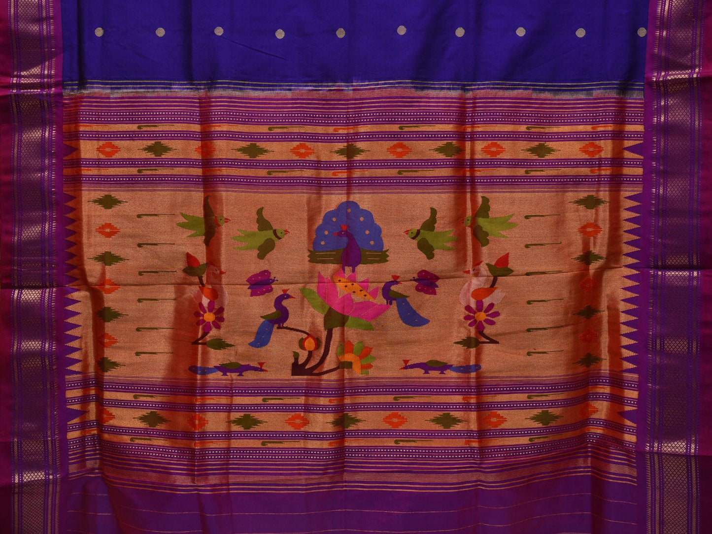 Dark Blue Paithani Silk Handloom Saree with Peacocks and Parrots Pallu Design p0462