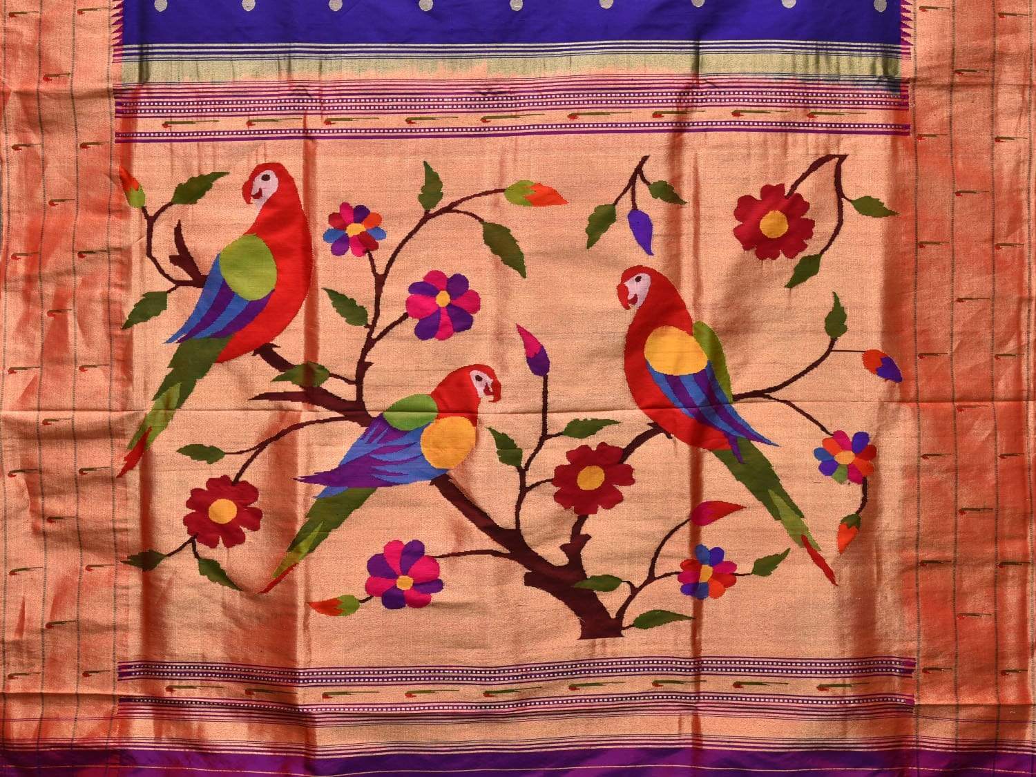 Dark Blue Paithani Silk Handloom Saree with Triple Muniya Border Design p0356