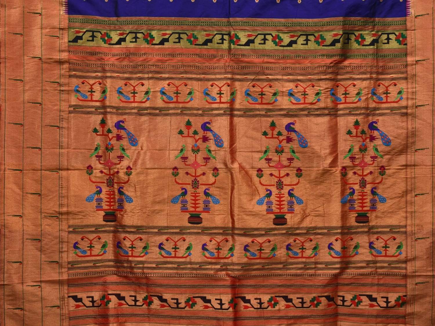 Dark Blue Paithani Silk Handloom Saree with Triple Muniya Border Design p0382