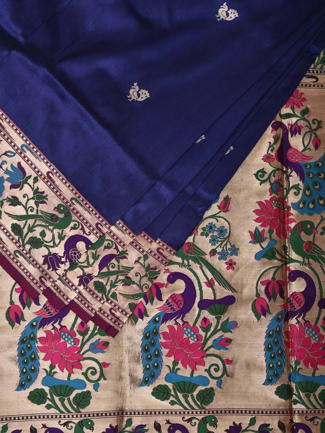 Dark Blue Paithani Silk Saree with Peacocks Pallu and Border Design p0485