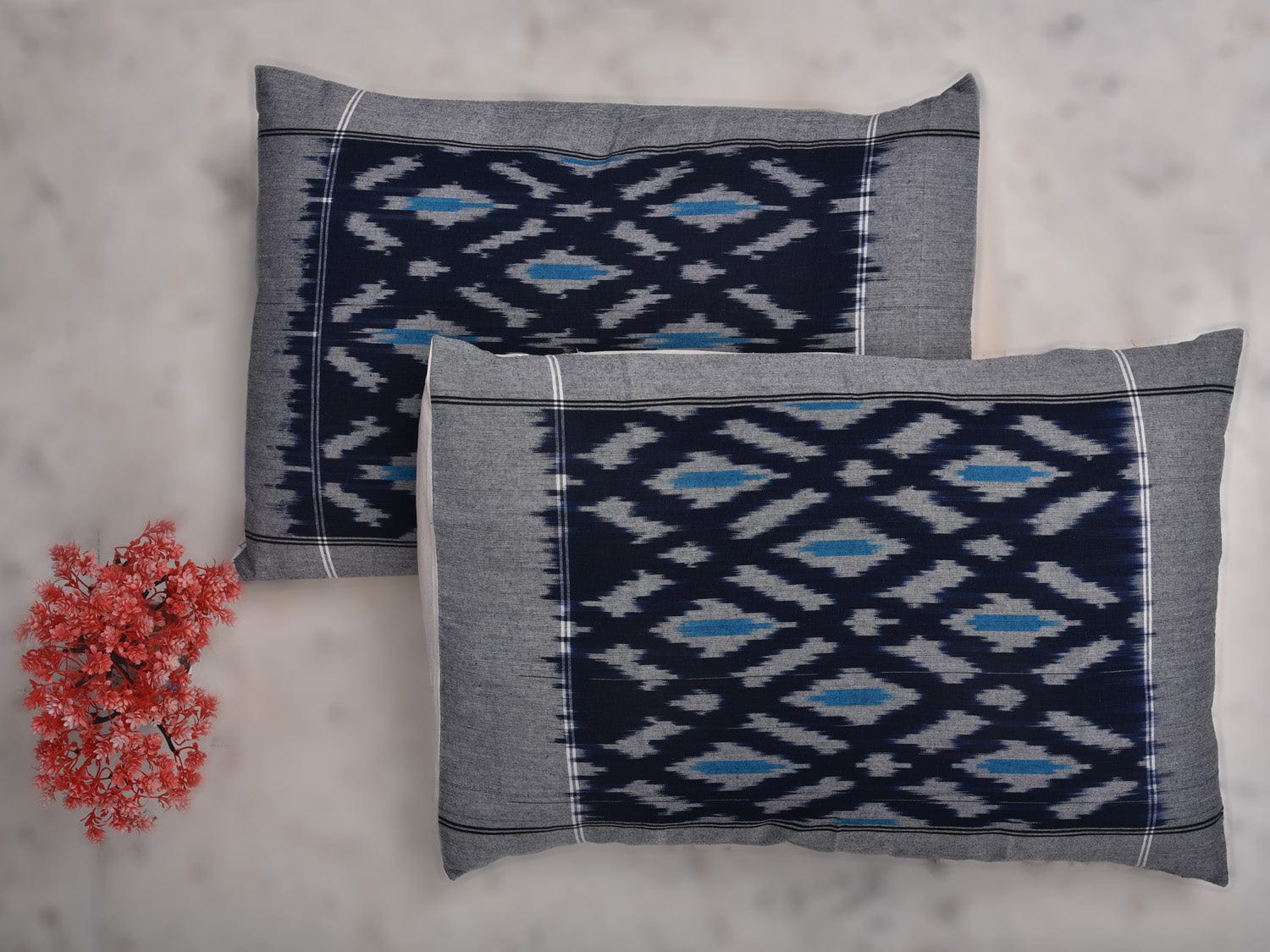 Dark Blue Pochampally Ikat Cotton Handloom Bedsheet with Grill Design 90 x 108 Inches bd0043