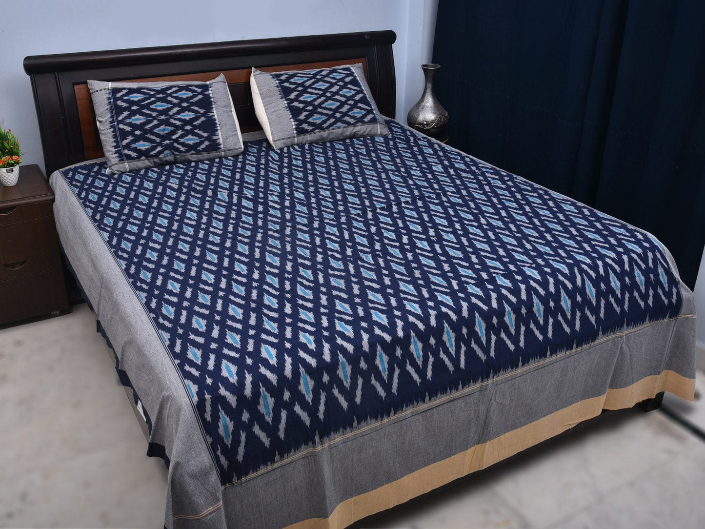 Dark Blue Pochampally Ikat Cotton Handloom Bedsheet with Grill Design 90 x 108 Inches bd0043