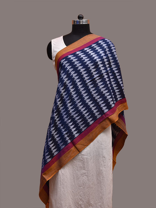Dark Blue Pochampally Ikat Cotton Handloom Stole with Strip Border Design ds3646