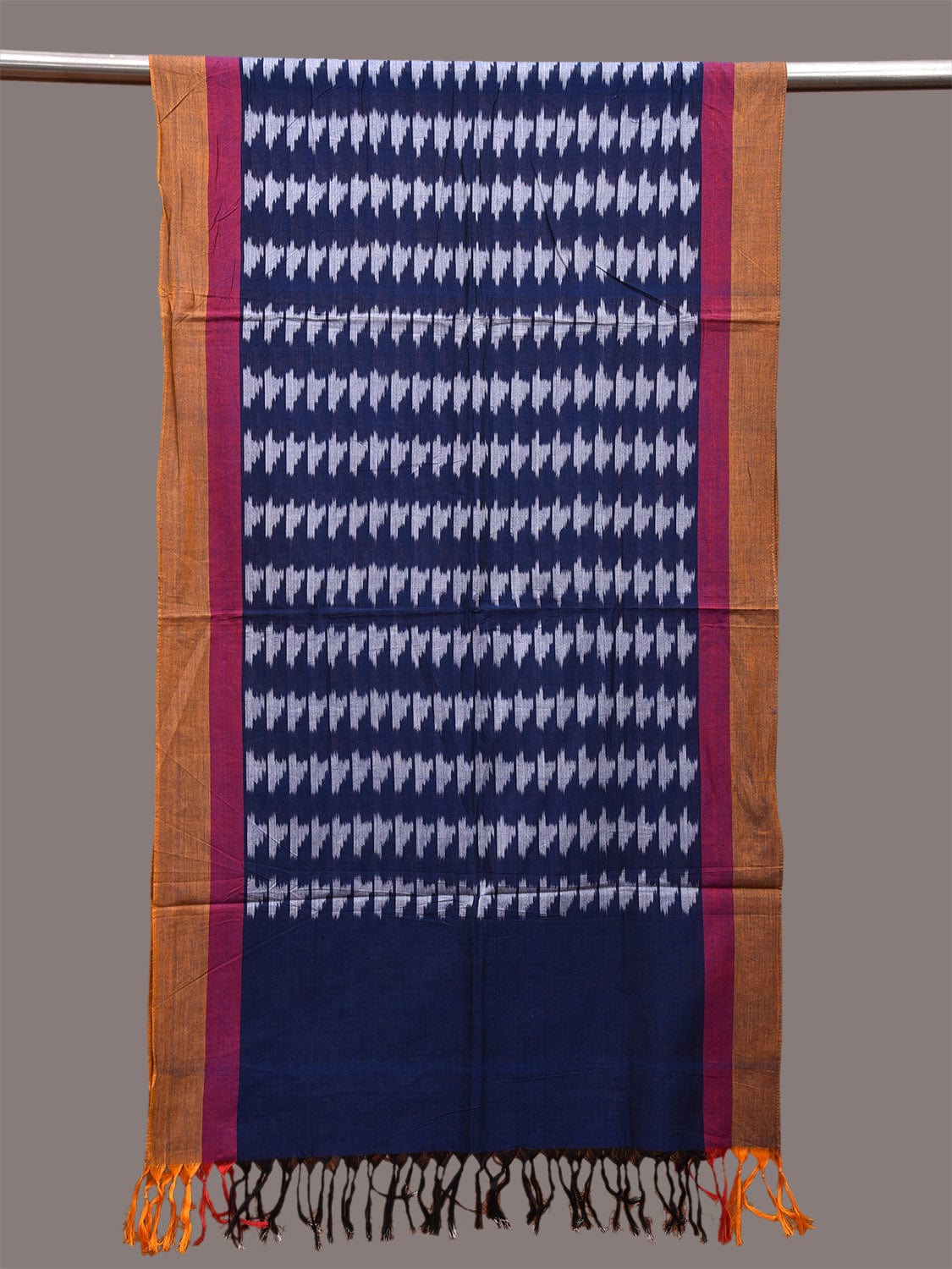 Dark Blue Pochampally Ikat Cotton Handloom Stole with Strip Border Design ds3646