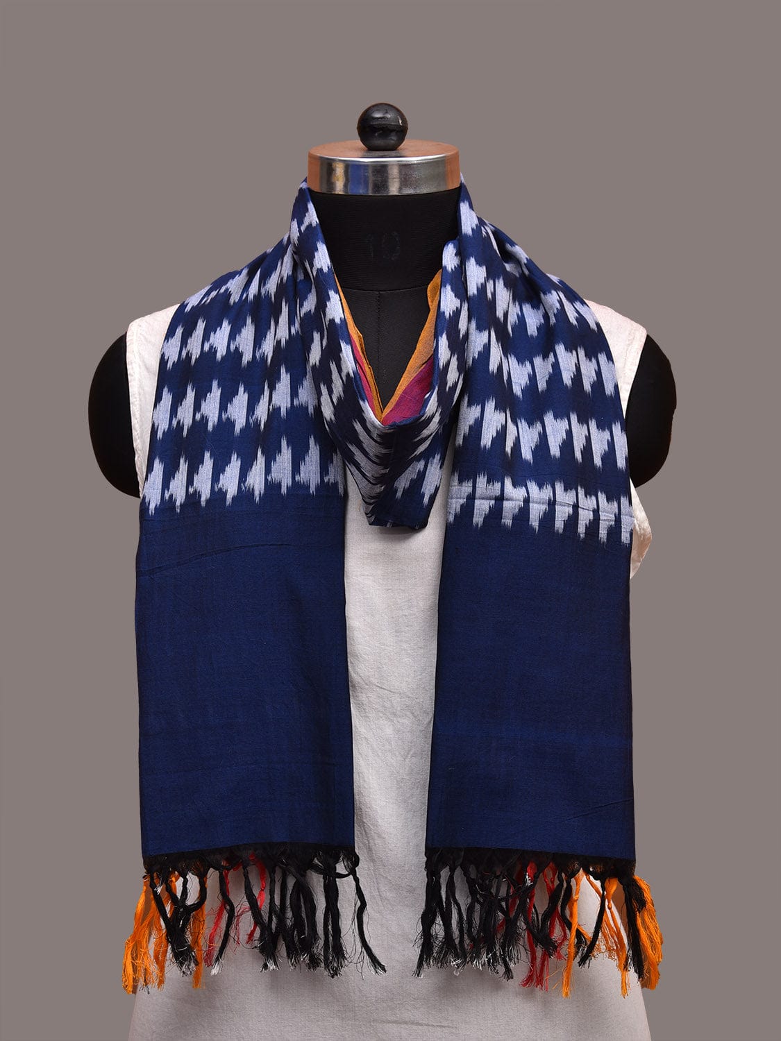 Dark Blue Pochampally Ikat Cotton Handloom Stole with Strip Border Design ds3646