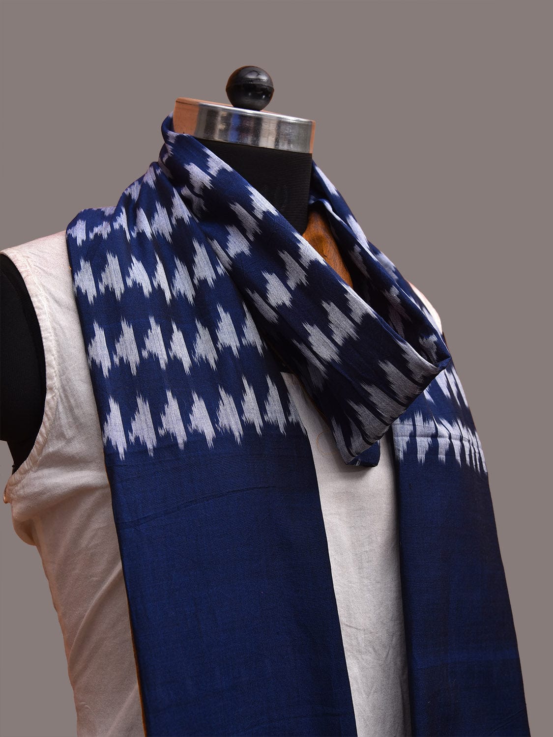 Dark Blue Pochampally Ikat Cotton Handloom Stole with Strip Border Design ds3646