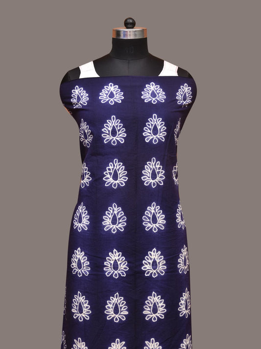 Dark Blue Shibori Cotton Handloom Fabric with Floral and Checks Design f0246