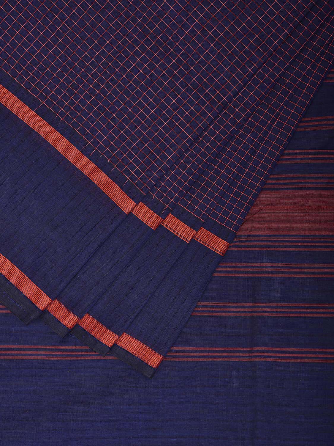 Dark Blue Venkatagiri Cotton Saree with Checks and Strips Pallu Design v0077