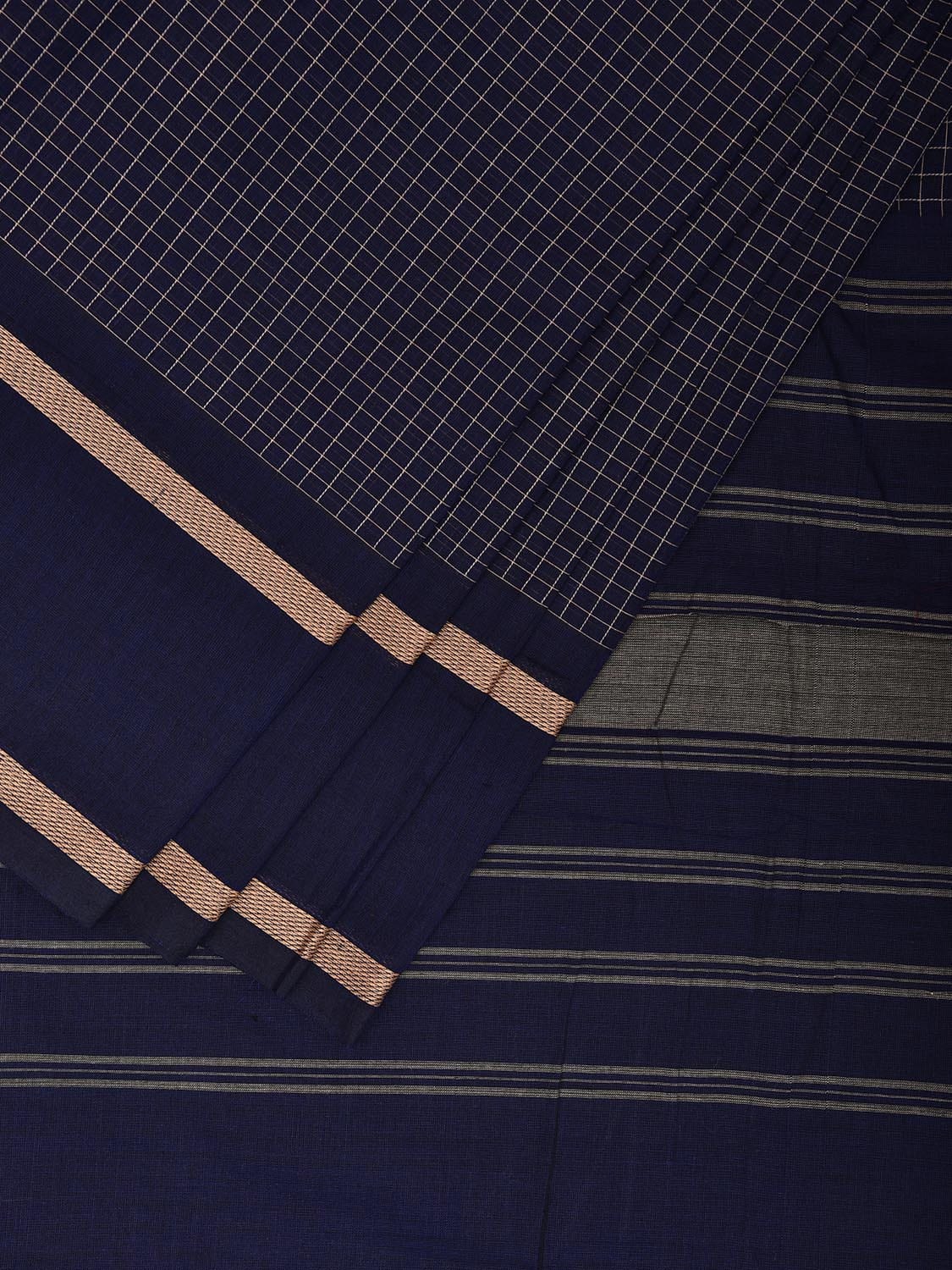 Dark Blue Venkatagiri Cotton Saree with Checks and Strips Pallu Design v0083