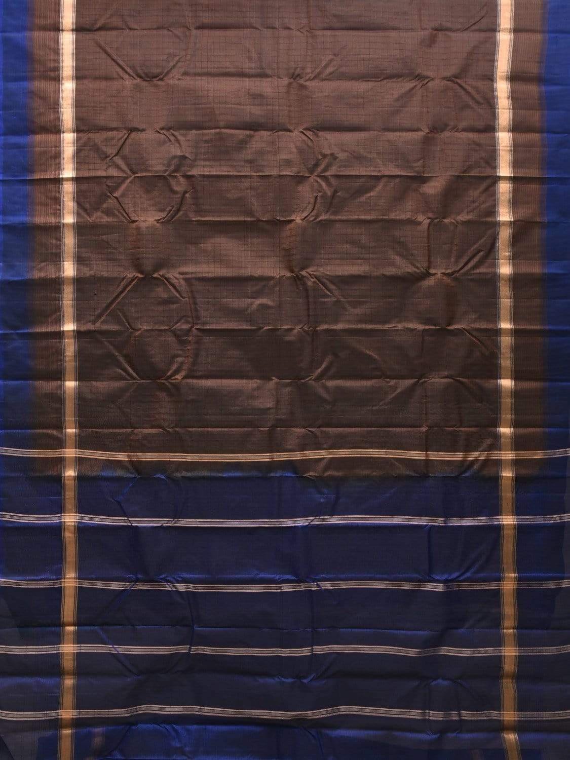 Dark Brown and Blue Gadwal Silk Handloom Saree with Strips Pallu Design g0268