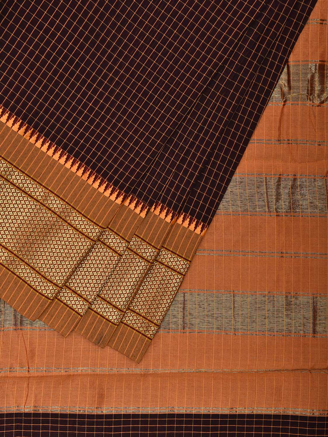 Dark Brown and Mustard Bamboo Cotton Saree with Checks Design No Blouse bc0758