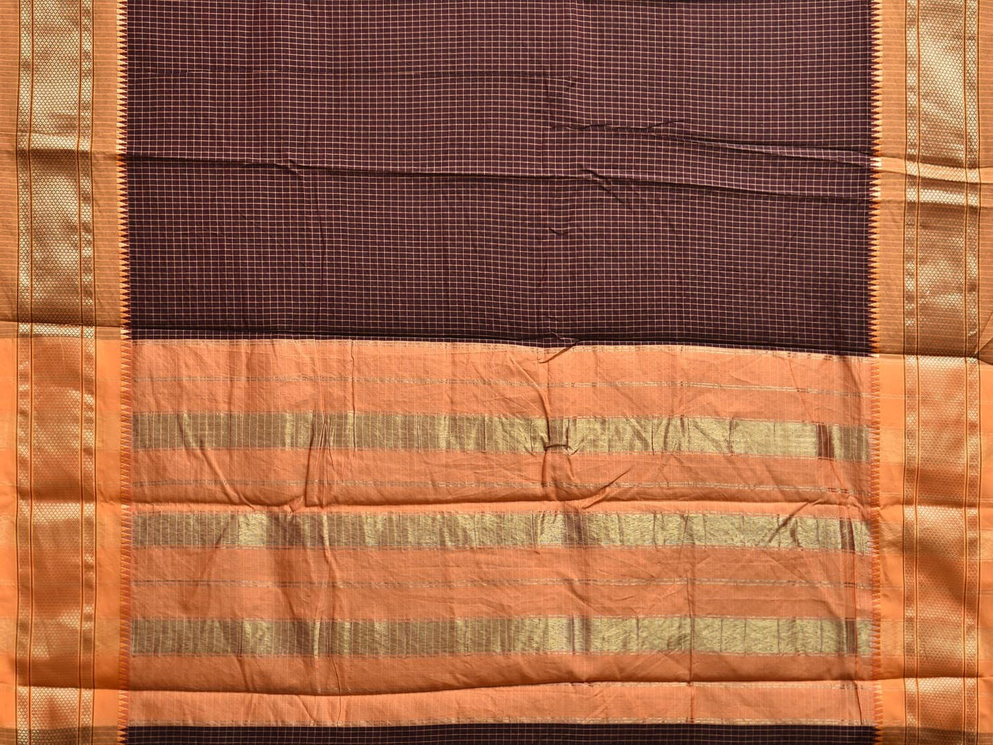 Dark Brown and Mustard Bamboo Cotton Saree with Checks Design No Blouse bc0758