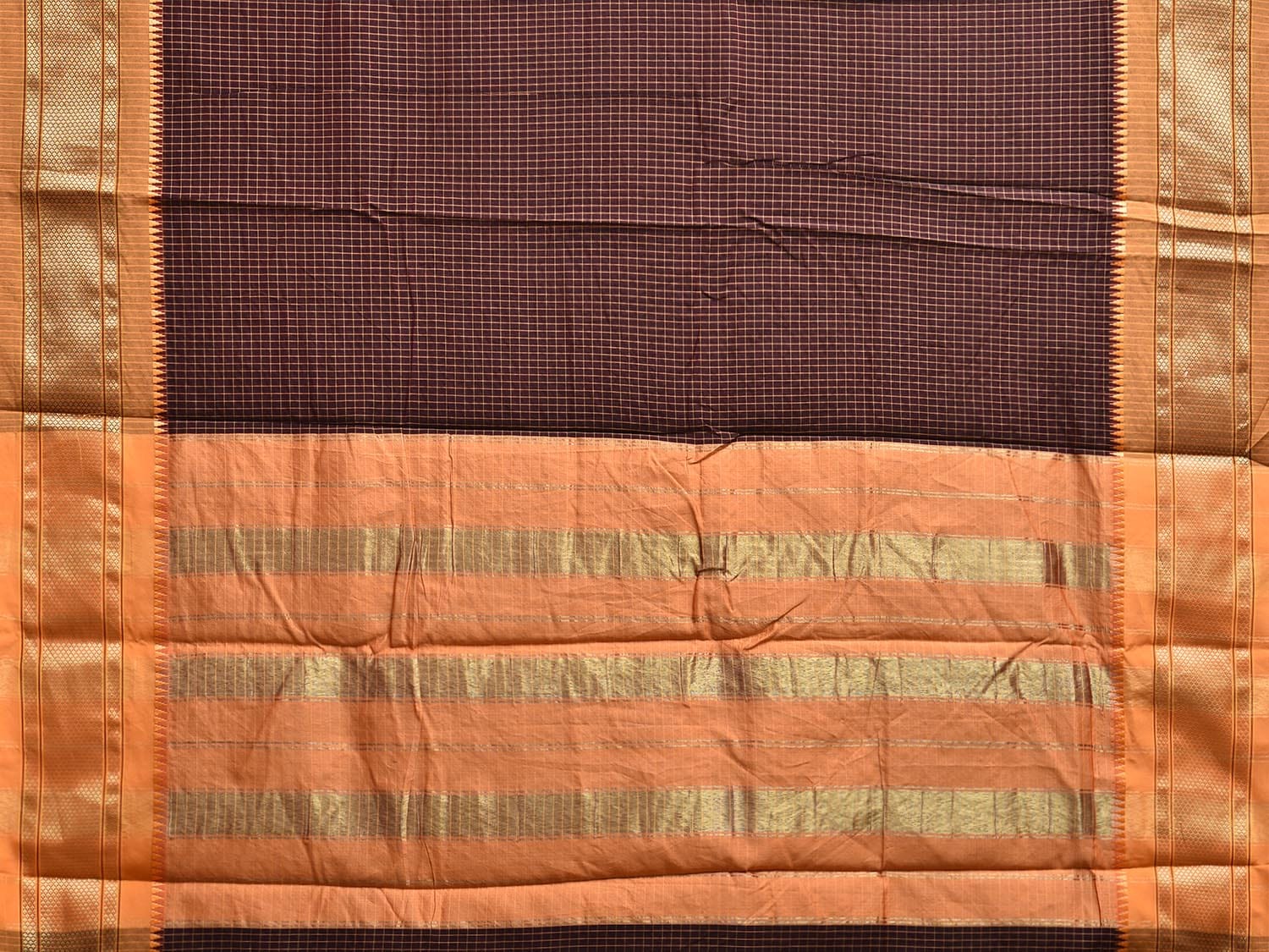 Dark Brown and Mustard Bamboo Cotton Saree with Checks Design No Blouse bc0758