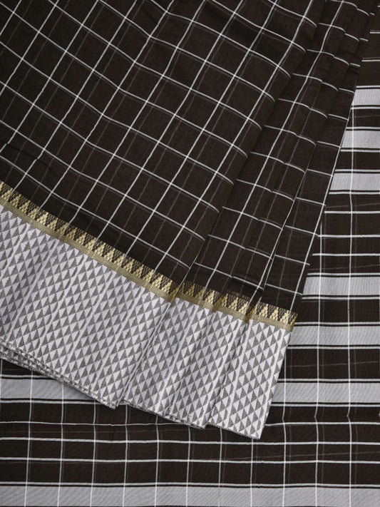 Dark Brown Bamboo Cotton Saree with Checks Design No Blouse o0353