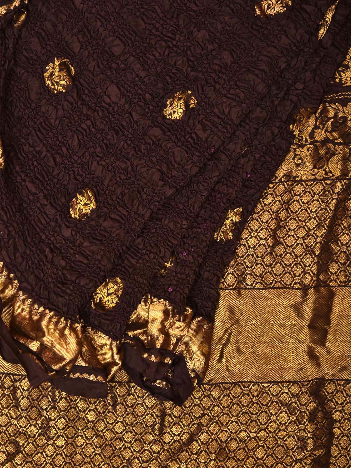 Dark Brown Bandhani Kanchipuram Silk Handloom Saree with Mango Pallu Design bn0478