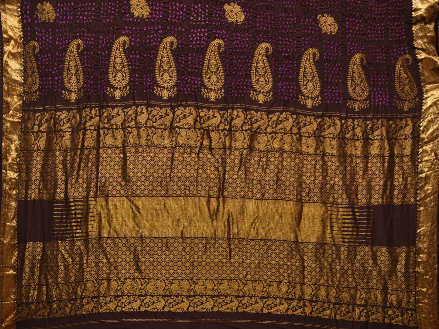 Dark Brown Bandhani Kanchipuram Silk Handloom Saree with Mango Pallu Design bn0478