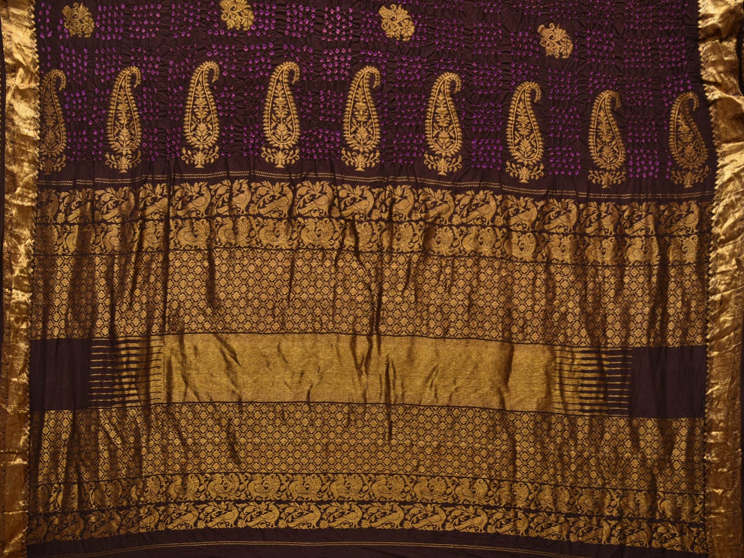 Dark Brown Bandhani Kanchipuram Silk Handloom Saree with Mango Pallu Design bn0478