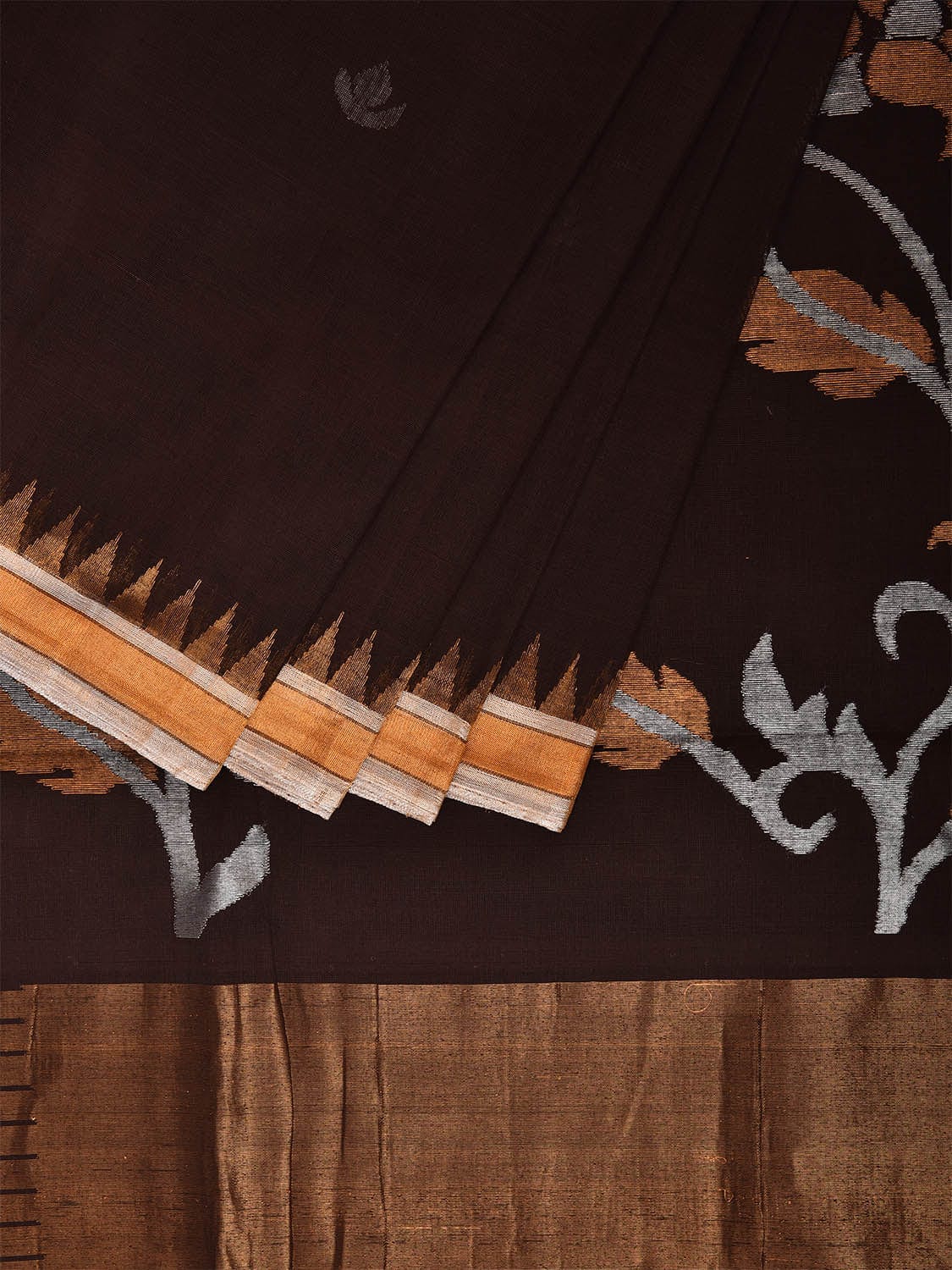 Dark Brown Khadi Cotton Handloom Saree with Floral Pallu Design kh0700